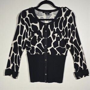 ETCETERA Cardigan Sweater Woman Small Black White Giraffe Print Button Down LS